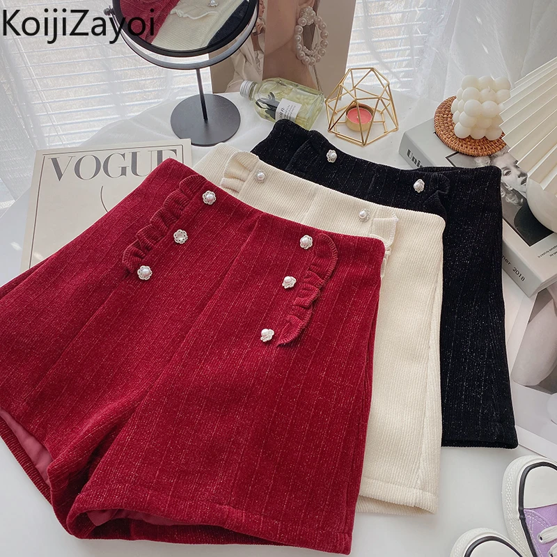 

Koijizayoi Beading High Waist Short Solid Fashion Office Lady Chic Korean Autumn Winter Shorts Office Lady Elegant Bottom Ruffle
