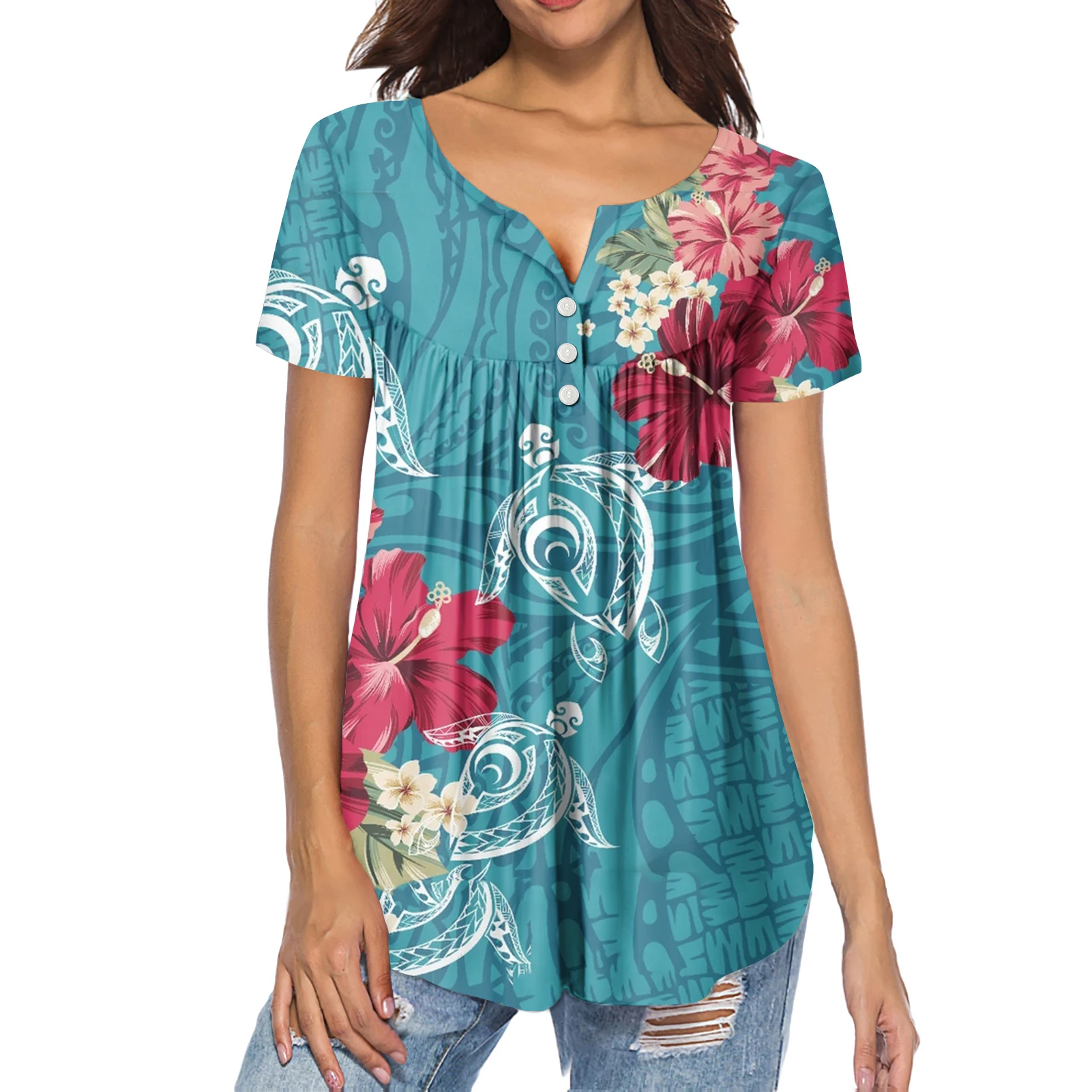 

HYCOOL Drop Shipping Hawaiian Hibiscus Print Summer Women Short Sleeve Pleated Buckle Shirt New Ladies Tops 2021 Fashion Blouses