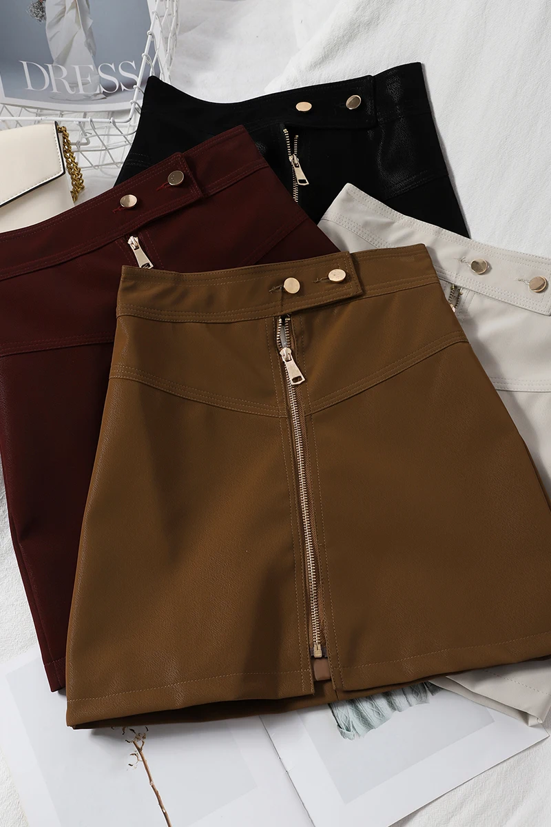 

Femme Faux Leather Mini Skirt Front Zipper and Buttons Brown Patchwork OL Ladies Korean Style Empire Waist Black Burgundy Skirts