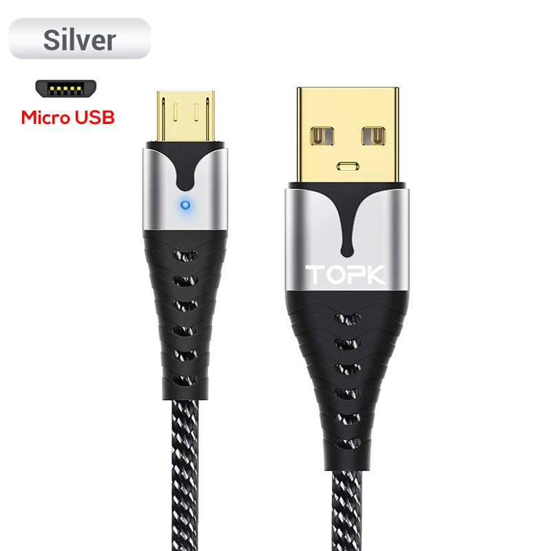 TOPK светодиодный Micro USB кабель для быстрой зарядки для Xiaomi Redmi Note 5 Pro Android кабель для передачи данных для мобильного телефона для samsung S7 Micro зарядное устройство - Цвет: Silver