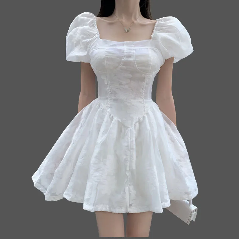 

Women 2021 Summer Mini Dress Casual Short Puff Sleeve Holiday Slim Sundress High Waist Solid Party VestidosXL שמלות ערב