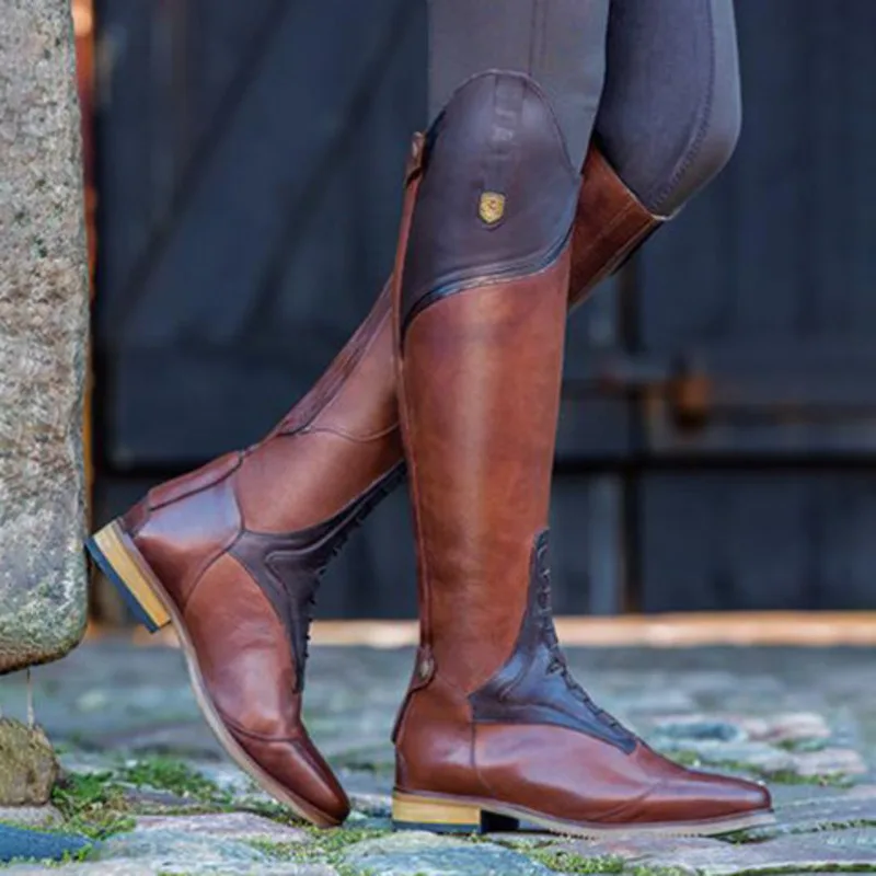 Женские сапоги до колена на низком каблуке с металлической застежкой-молнией