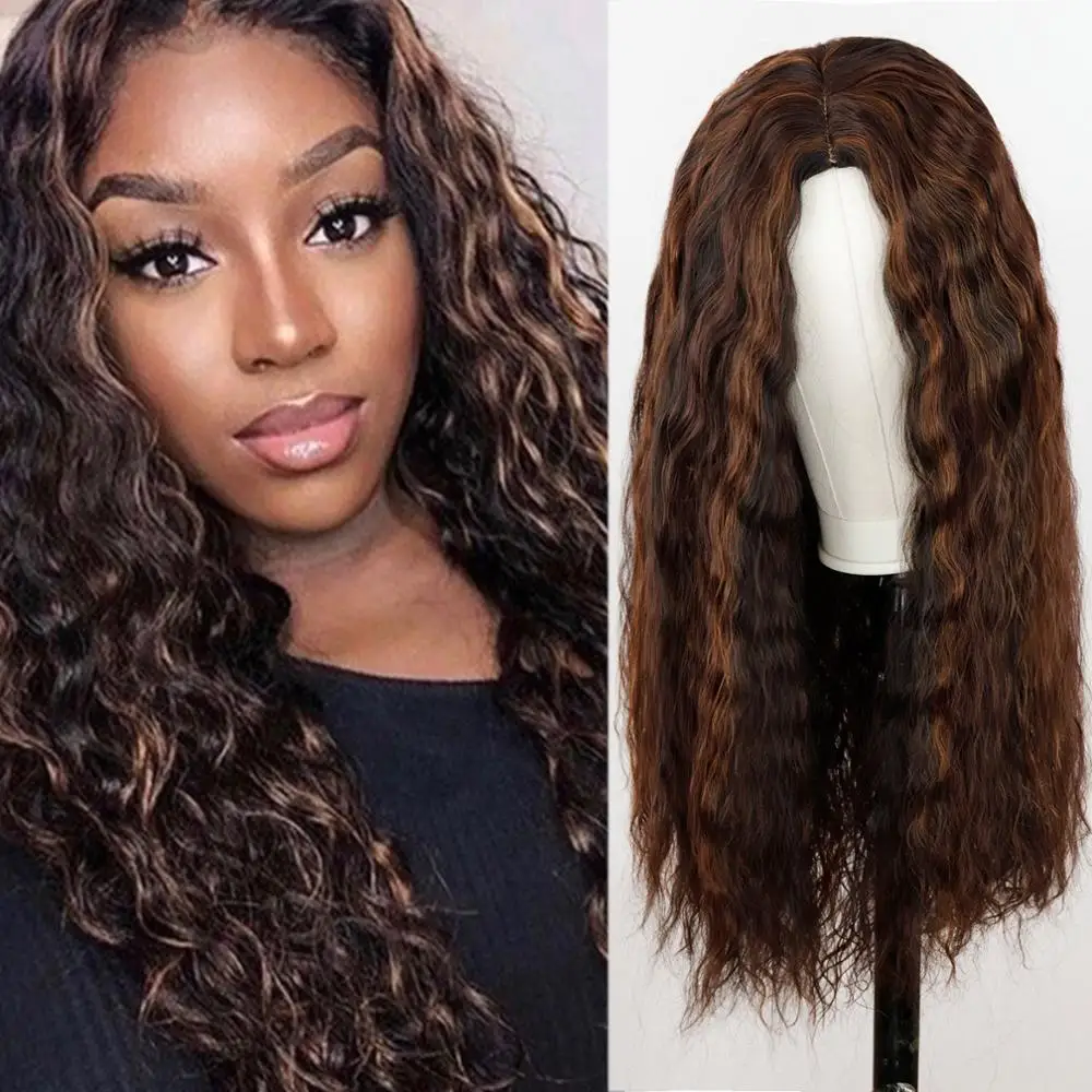 

Long Womens Wigs Ombre Brown plus gold Wigs Heat Resistant Part Side Synthetic Wavy Two Tone Natural Middle Part Wig