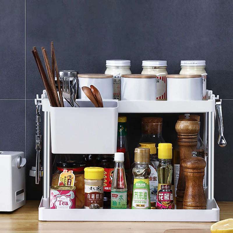 

JOYBOS Storage Rack Double-Layer Reinforced Household Kitchen Tableware Storage Box Seasoning Shelves Space Saving Organizer
