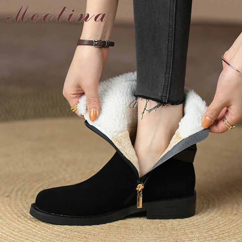 

Женские замшевые ботильоны Meotina, зимние ботинки из натуральной воловьей кожи, на толстом среднем каблуке, с пряжкой-молнией и круглым носком