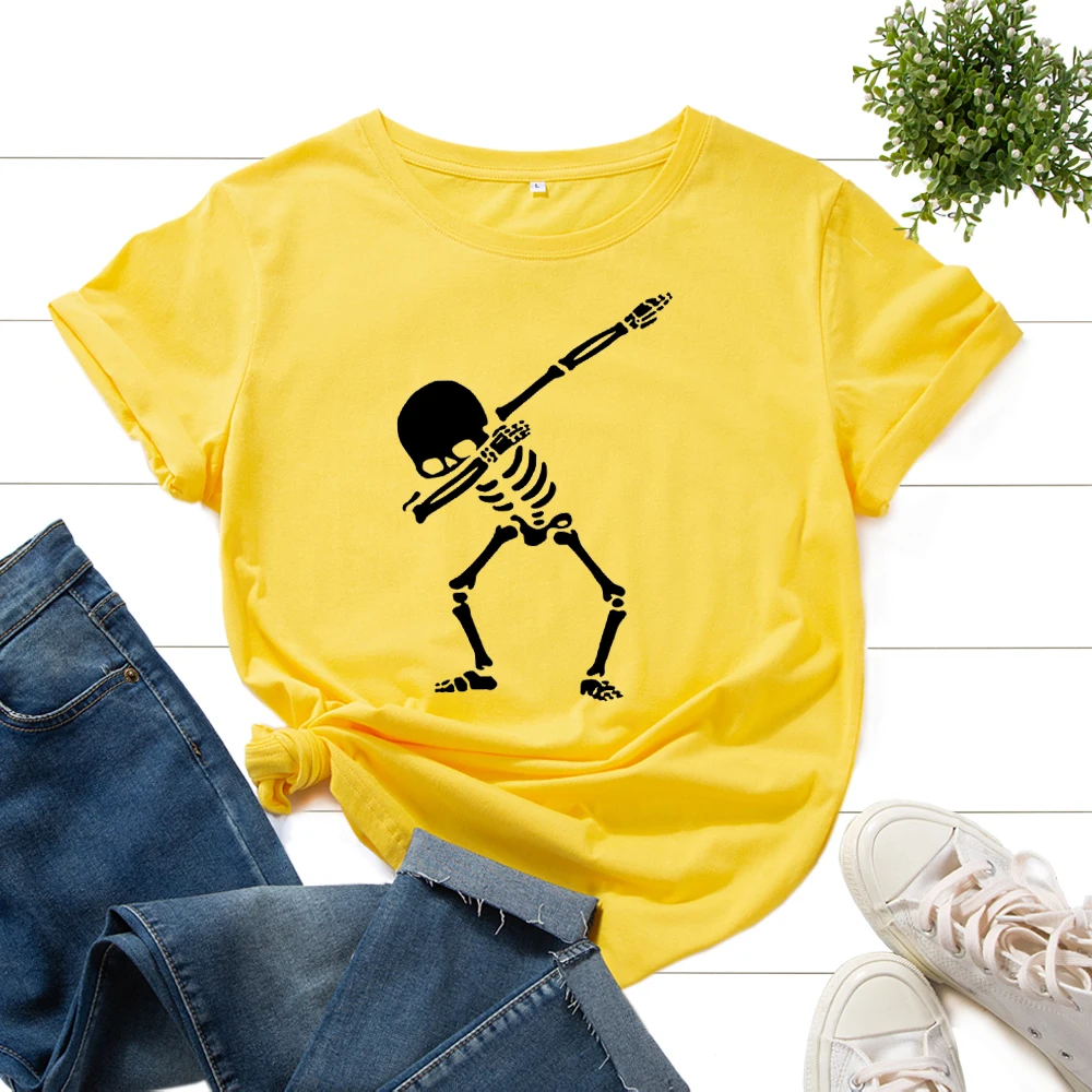 

Women's Graphic T-Shirts Printed Shirt Cotton Tee Short Sleeve Summer Tops Female Top Street Dance Dab Skeleton Halloween Tees