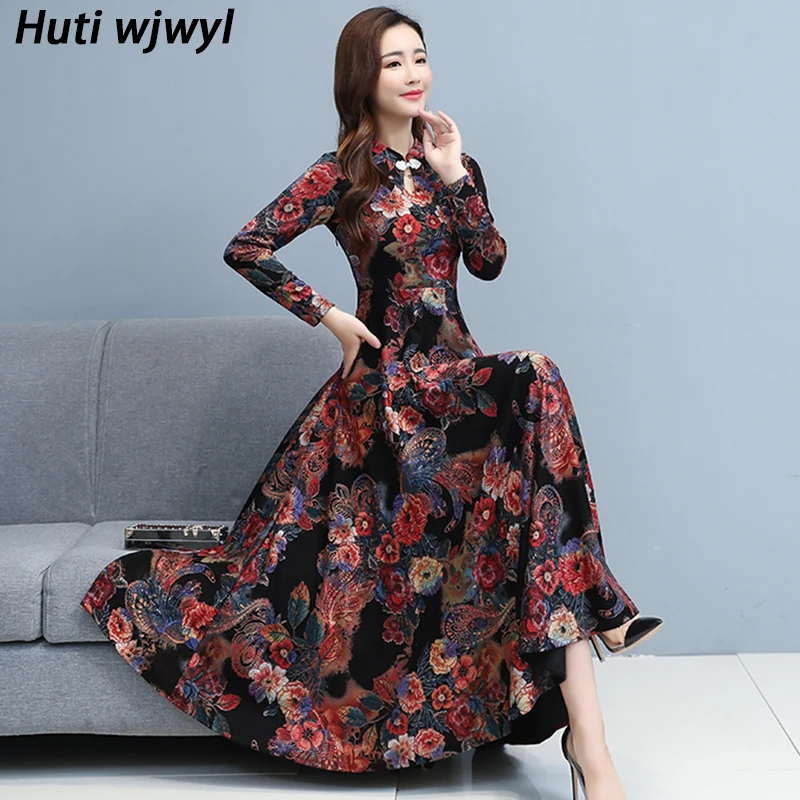 

Chinese Style Print Vintage Lady Midi Dress 2022 Spring Autumn New Elegant Bodycon Party fashion Dress Women Chic Maxi Vestidos