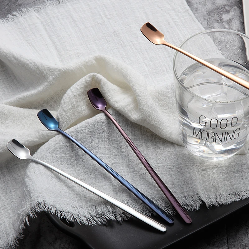

High Quality 304 Stainless Steel Square Head Ice Spoons Home Kitchen Long Handle Coffee Dessert Cocktail Stirring Spoons