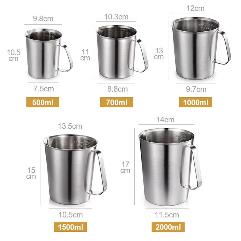 

304 Thick Stainless Steel Measuring Cup Scale Milk Tea Mug Kitchen Baking Measurement Tools 500ml/700ml/1000ml/1500ml/2000ml