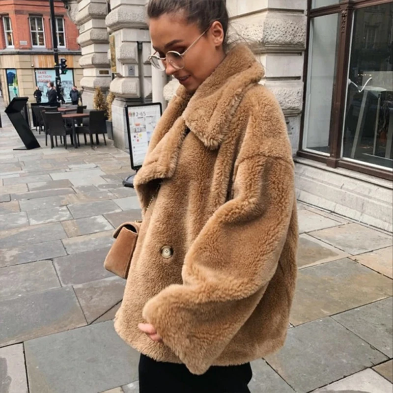 Classic Turn-down Collar Solid Faux Fur Jacket Coat Women 2019 Winter Warm Thicken Fake Lamb Overcoats Basic Soft Plush Overwear | Женская