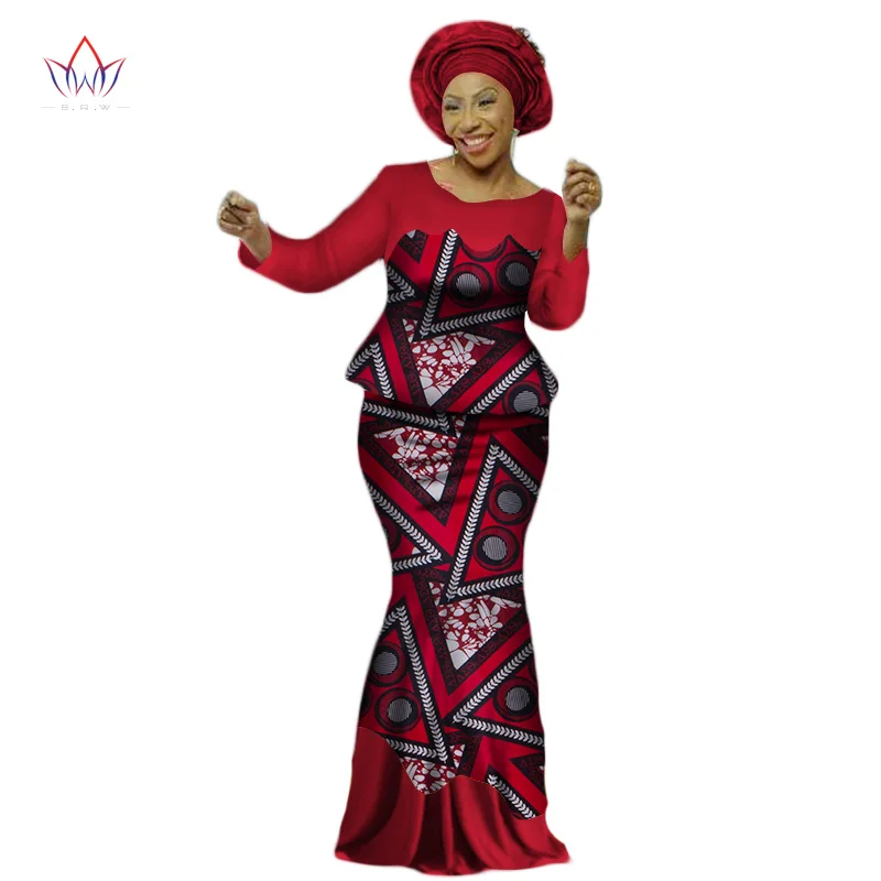 Africa Style Bazin Riche Dresses for Women Two Pieces Set Long Sleeve Tops and African Print Skirt Plus Size WY2454|bazin riche dress|bazin richerich