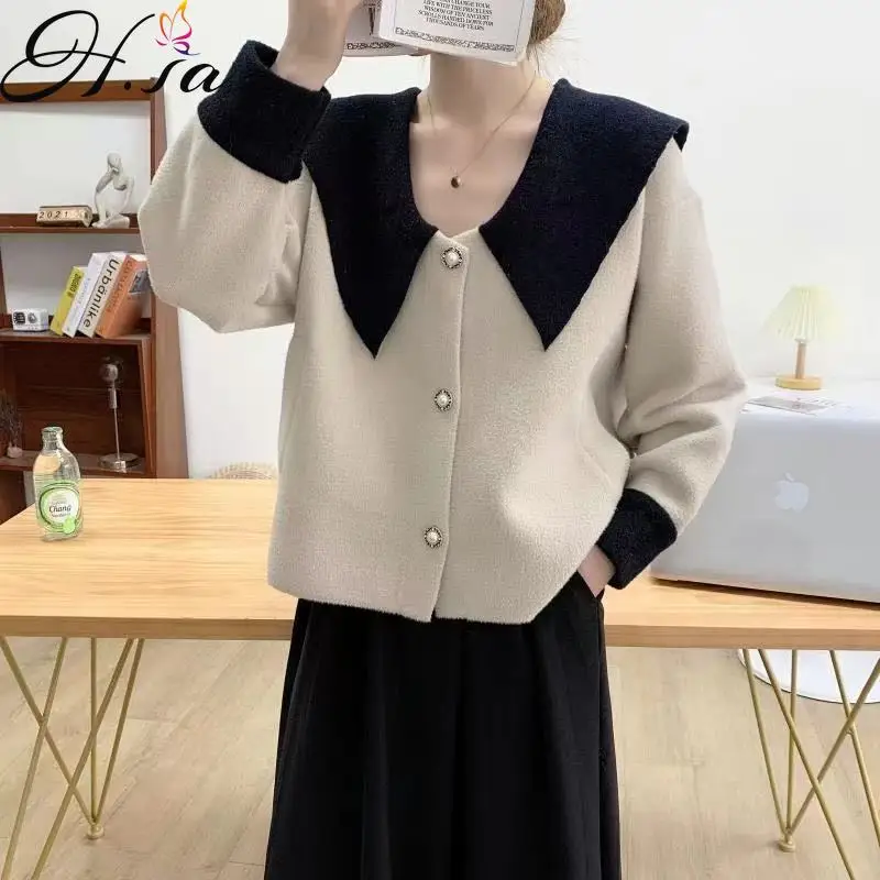 

Hsa 2021 осень и зима вязаный свитер Caridgans корейский стиль Свободный вязаный свитер с матросским воротником Элегантный Однотонный свитер с жем...