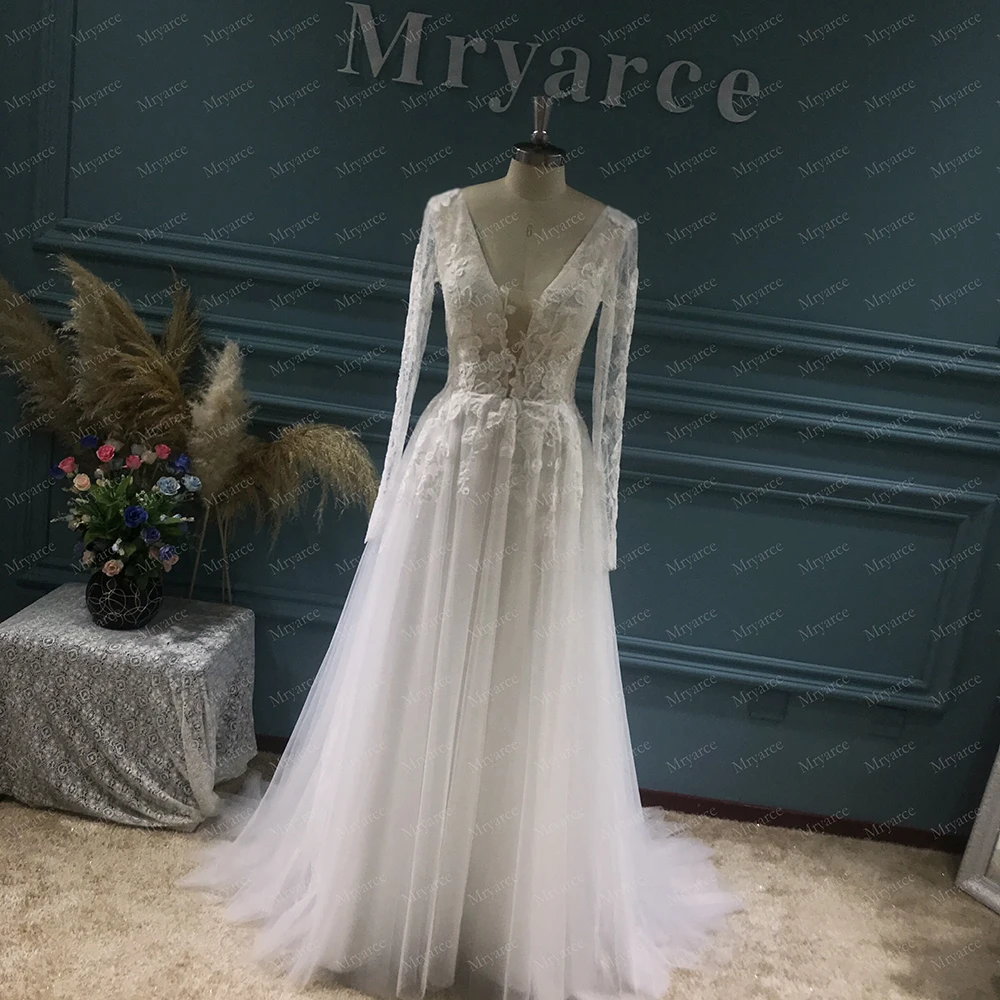 Mryarce свадебное платье трапециевидной формы с глубоким вырезом кружевное