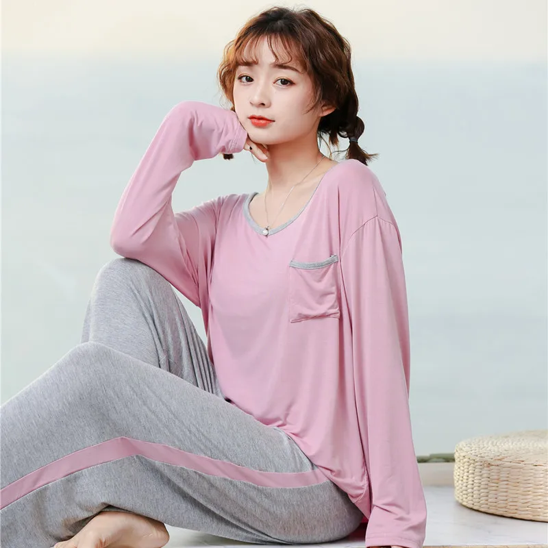 

Contrast Color Loose Cotton Autumn Home Clothes for Women Two Piece Set Plus Size Ensemble Femme Pajamas Suits Ladies Sleepwear