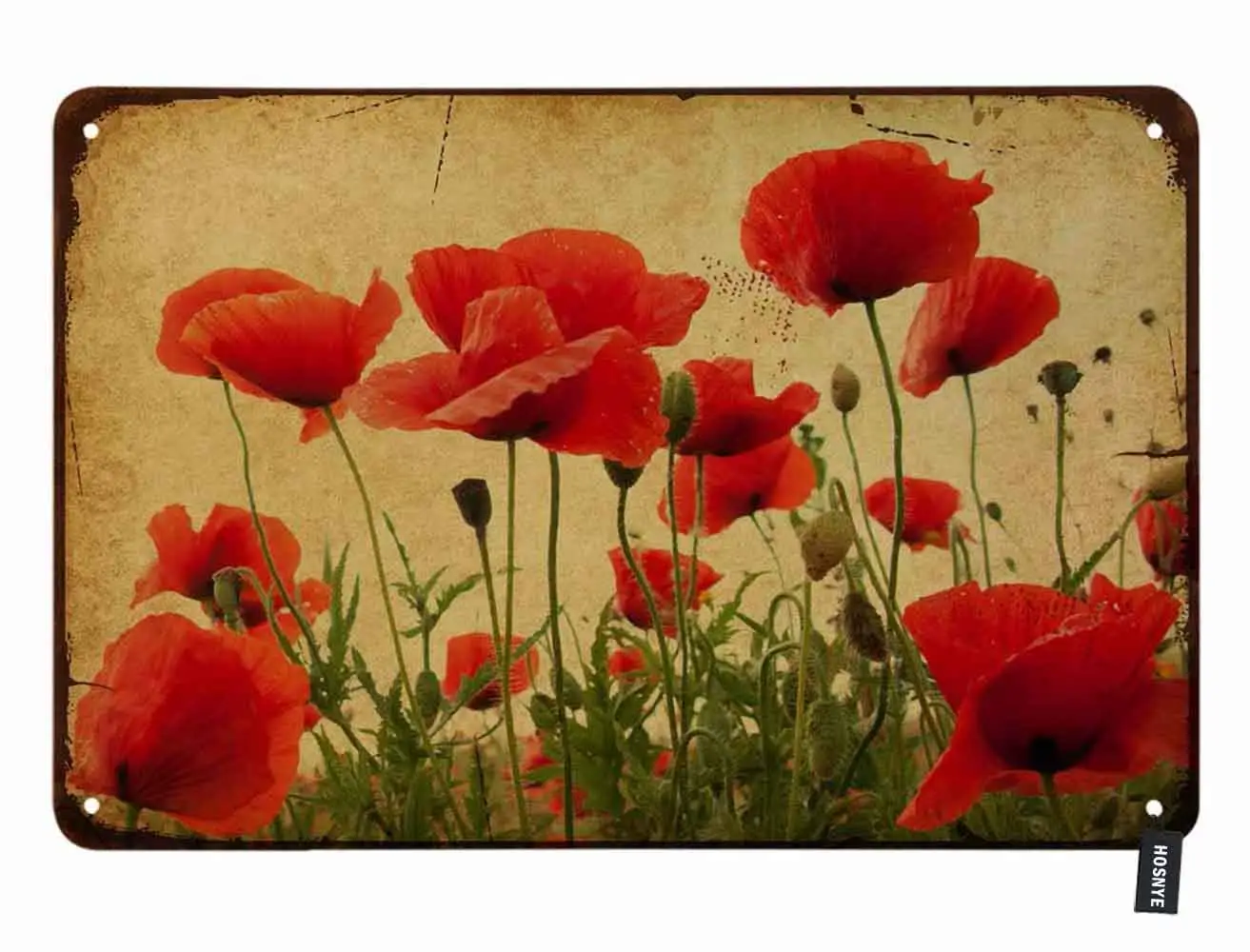 

Poppies Flower Tin Sign Beautiful Vintage Textures with Field of Poppies on Yellow Background Vintage Metal Tin Signs for Men