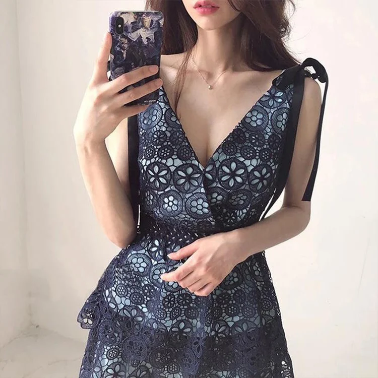 (Продано) 2018 Подиум V шеи спинки туника бохо Мини Кружева платье|Женские платья| |