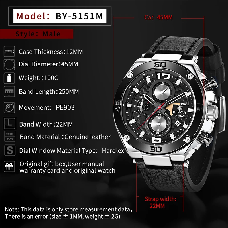 

BENYAR Design 2021 New Luxury Fashion Casual Men' Quartz Watches Top Brand Leather Multi-function Waterproof Alloy Watch Relogio