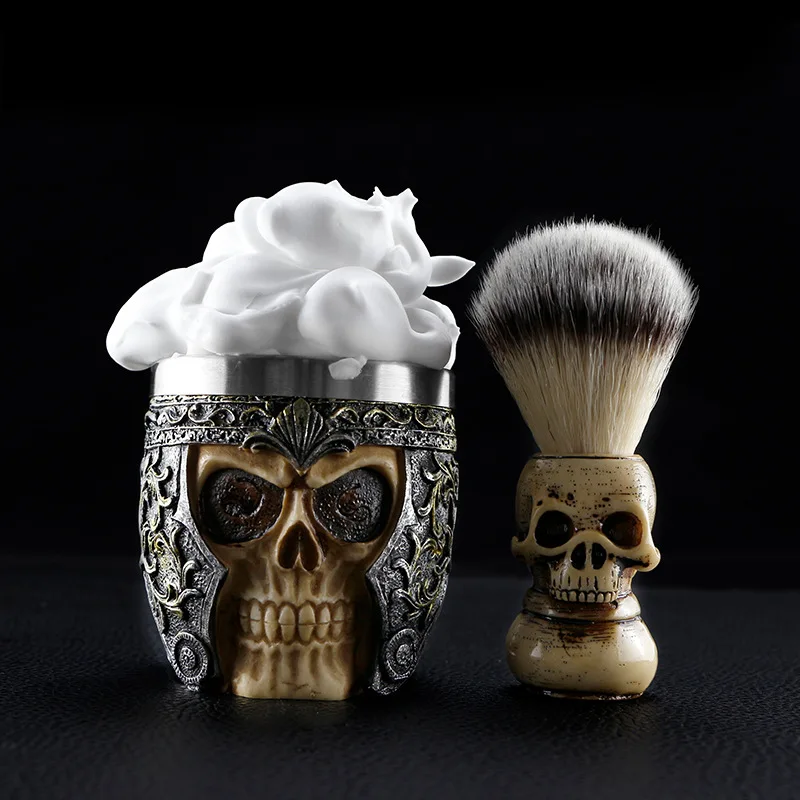 Fiber resin handle beard shaving brush personality skull beard brush set, stainless steel bubbling bowl men's shaving gift