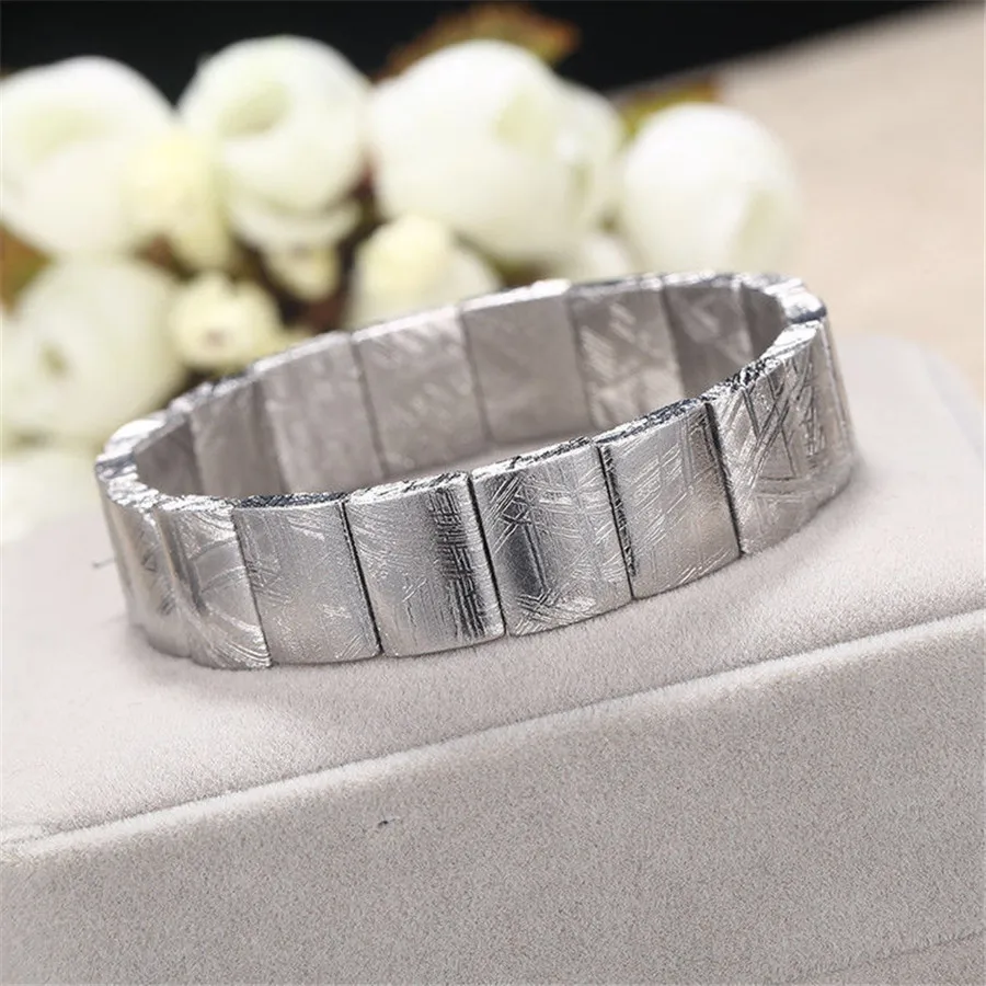 

16x12mm Natural Gibeon Meteorite Moldavite Bangle Bracelet For Women Men Rectangle Beads Stretch Crystal Silver Jewelry AAAAA
