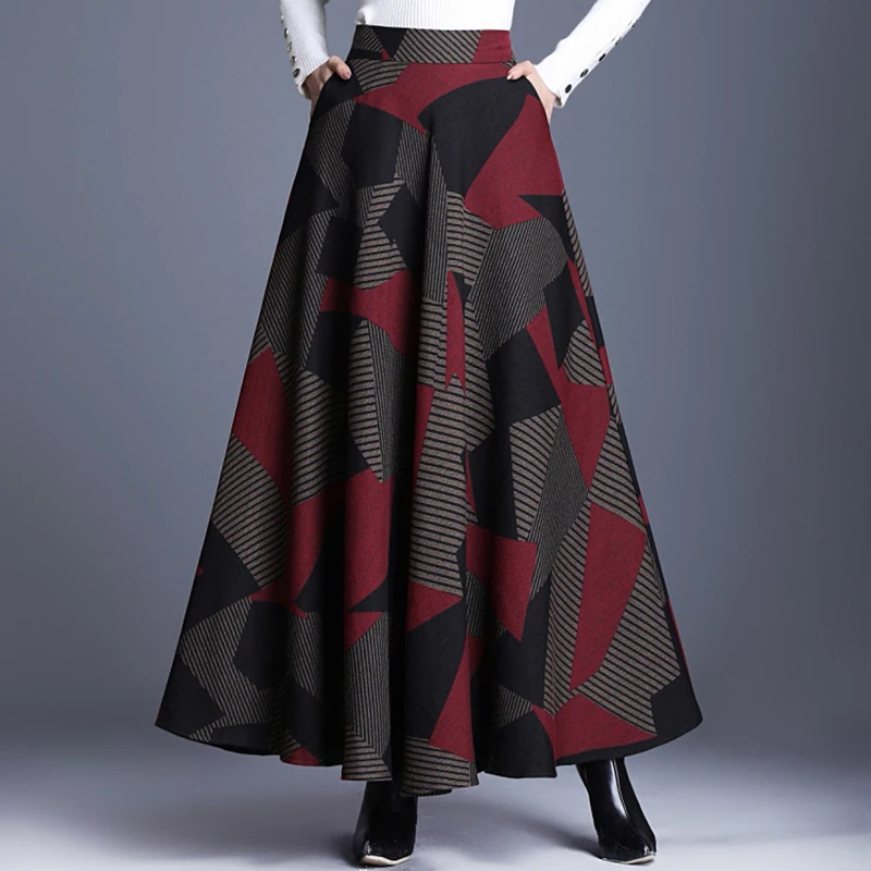 Женская зимняя юбка макси в стиле пэчворк повседневная винтажная шерстяная