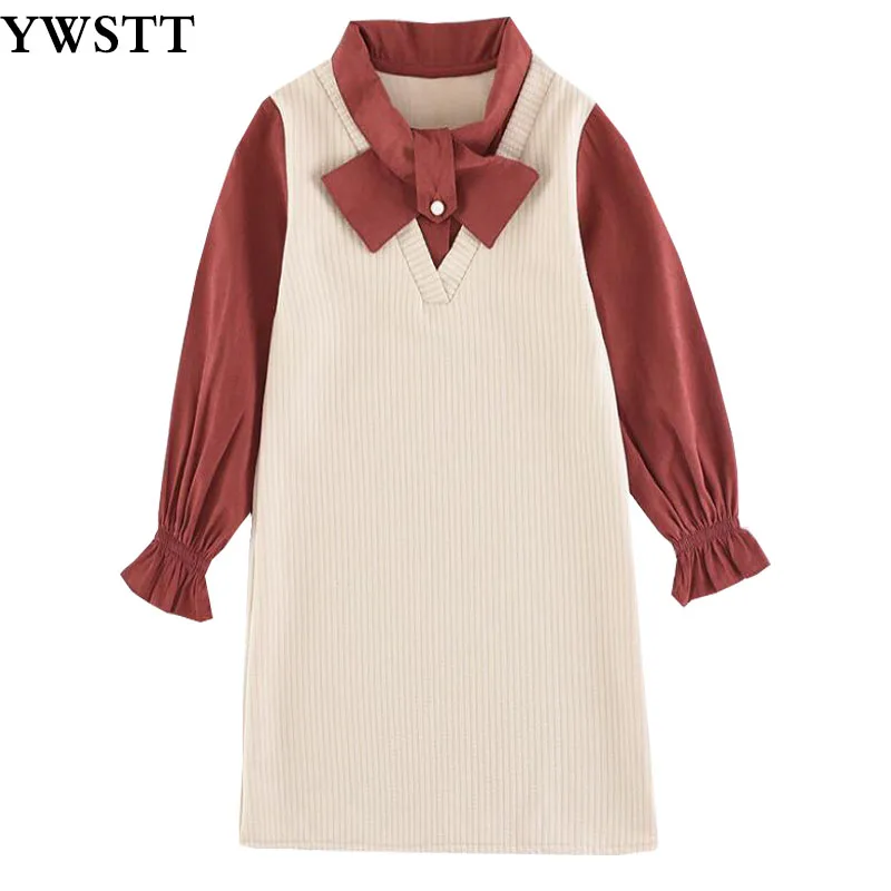 

Girls Dress Spring Clothing Skirt 2020 New Style Spring Childrenswear Big Girls Sweet Mock Two-Piece Bowtie Shirt Dress