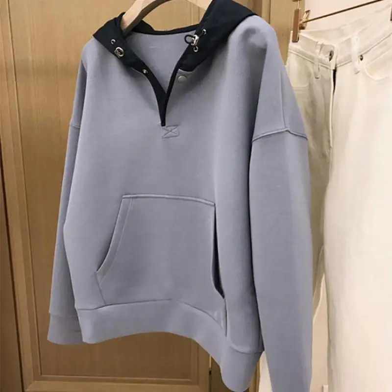 

Женский Однотонный свитер с капюшоном, Свободный Тонкий Повседневный эластичный свитер большого размера с V-образным вырезом в Корейском с...