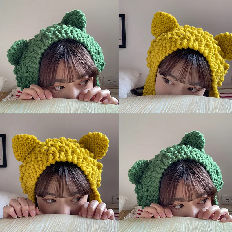 

2021 Winter Hat for Women Cat Ears Knitted Earmuffs Autumn and Winter Korean Version of The Warm Retro Earmuffs Beanie Hat