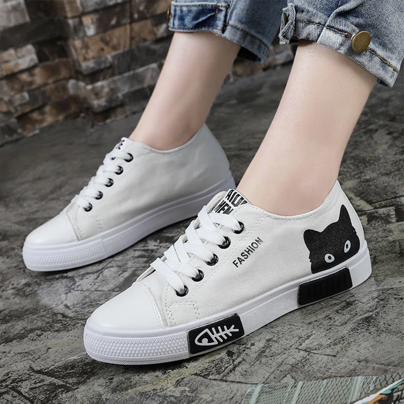 

Hot Canvas Shoes Women Flats Shoes Spring Summer Cartoon Cats ladies Sneakers Women Vulcanize Shoes Tenis Feminino Basket