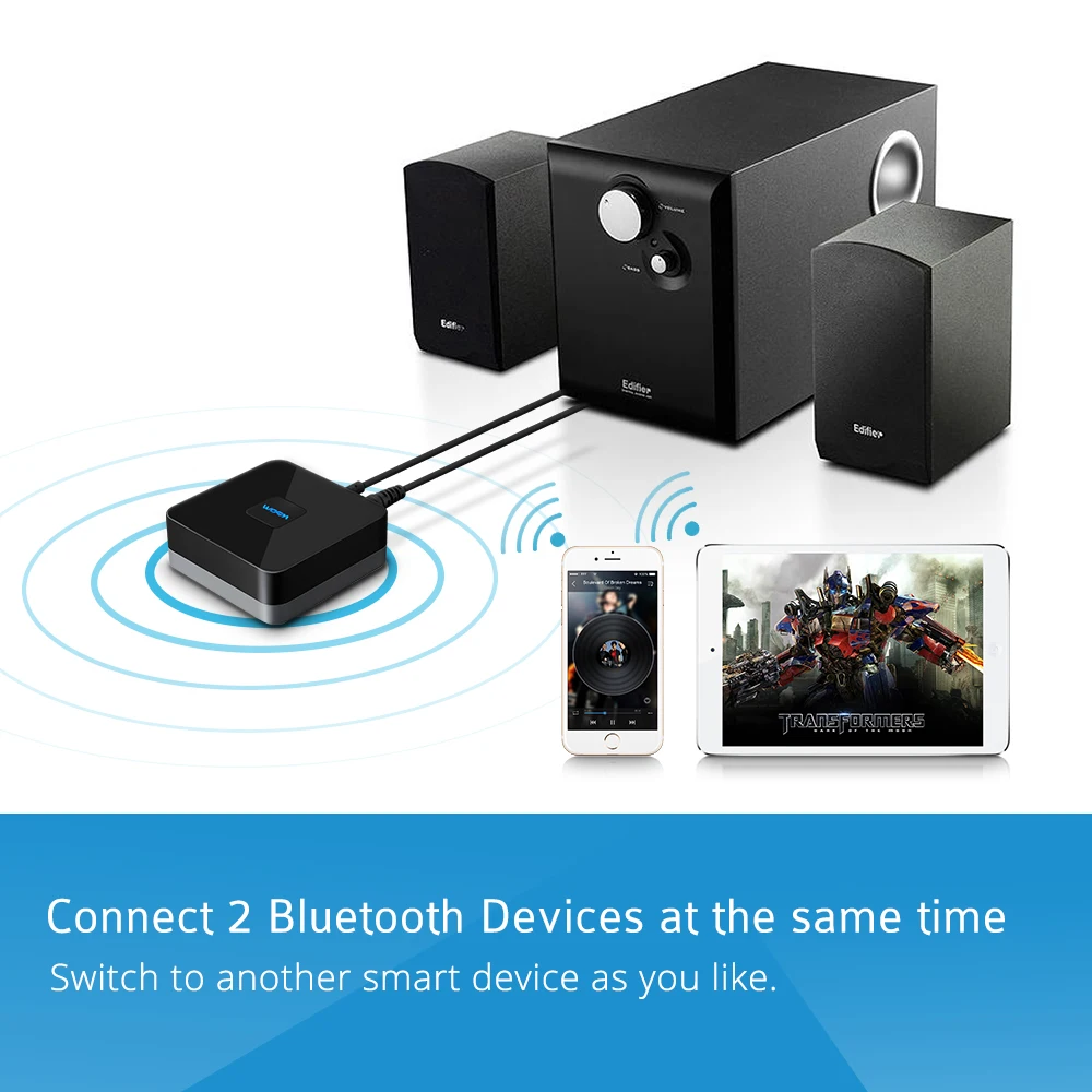 Mpow Bluetooth приемник беспроводной аудио адаптер Подключение 2 Bluetooth устройства для 15 ч долгое время работы авто 3,5 мм аудио кабель