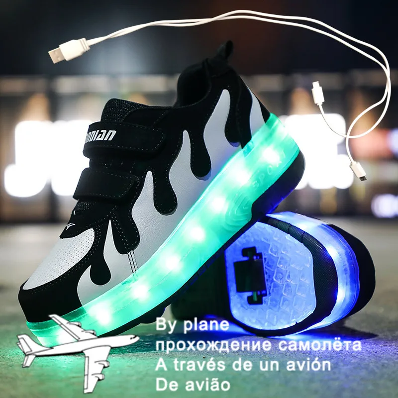 Дети Мальчики светящиеся белые кроссовки с двойной два колеса роликовые коньки