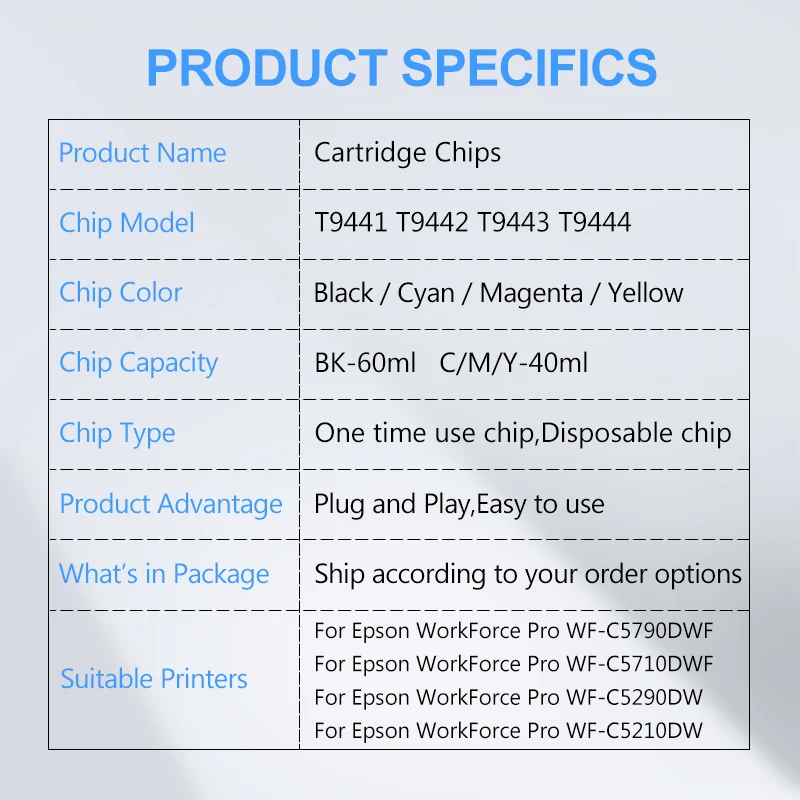 Чип чернильного картриджа T9441 T9442 T9443 T9444 для Epson ITER WF-C5790DWF WF-C5710DWF WF-C5290DW WF-C5210DW C5790 C5710
