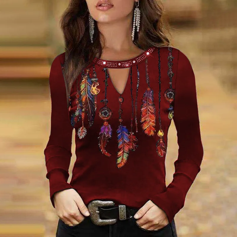 

Hot Sale Diamonds Feather Printed Tops Long Sleeved Casual Hollow Round Neck T-Shirt Sexy Ladies Vintage Shirts 2021 New