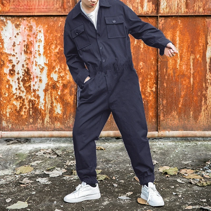 

Fashion Men Cargo Overalls Punk Style Pockets Pants Loose Solid Color Long Sleeve Rompers Men Jumpsuit Streetwear 2021