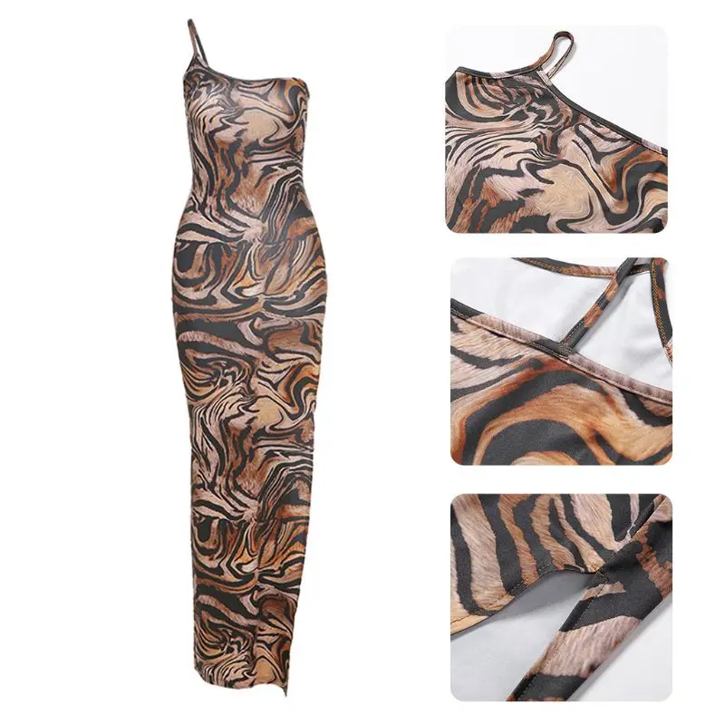 

Women Sexy One Shoulder Bodycon Maxi Dress Tiger Striped High Split Clubwear