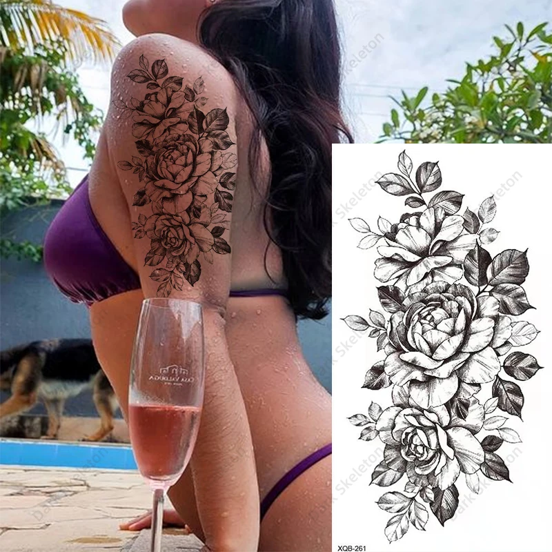

Водостойкая Временная тату-наклейка, черная роза, Бабочка, цветы, Сексуальная Татуировка для боди-арта на руку, ноги, рукав, искусственная та...