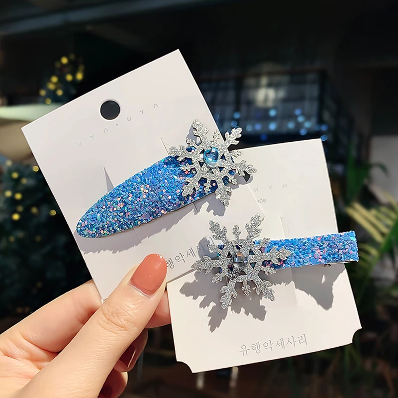 Голубая Блестящая лента с бантом для девочек заколки волос рождественскими