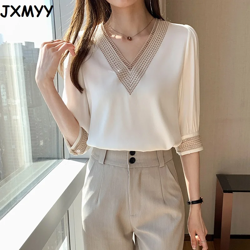 

2021 spring new mid-sleeve white chiffon yarn fashion inner wear hollow V-neck long-sleeved bottoming shirt JXMYY