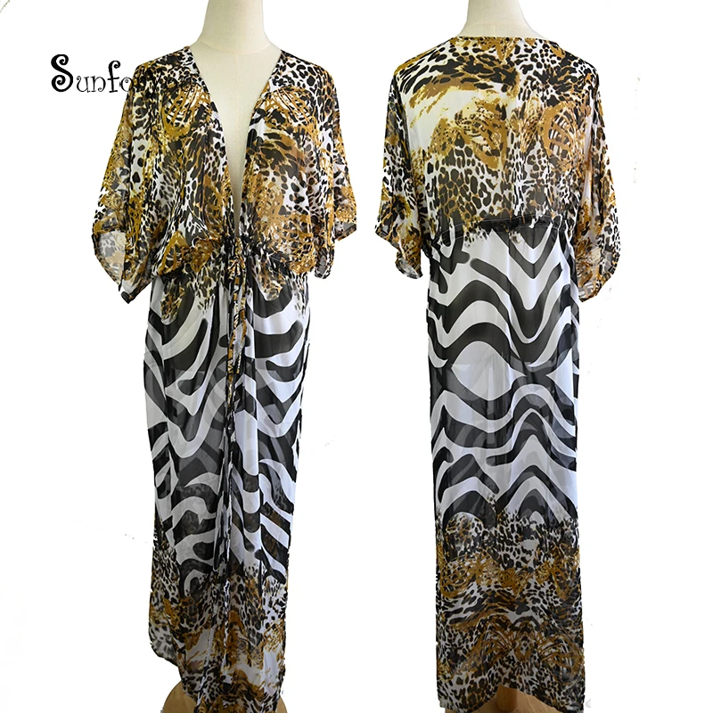 Print Leopard Beach Cover up Long Kaftan Swim Robe Plage Pareo Playa Bathing suit ups Sarong Beachwear | Женская одежда