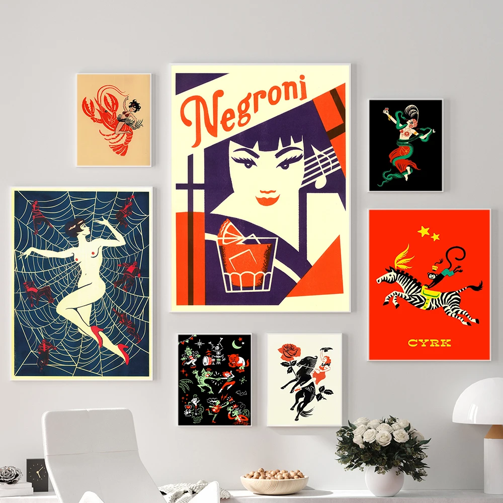 

Sexy Woman Snake Horse Monster Abstract Poster Canvas Painting Vintage Negroni Wall Art Print Picture for Living Room Home Decor