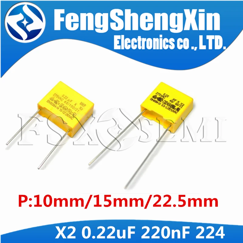 

10pcs 220nF capacitor X2 capacitor 275VAC Pitch 275V 10mm 15mm 22.5mm X2 Polypropylene film 224K 224 0.22uF Safety capacitors