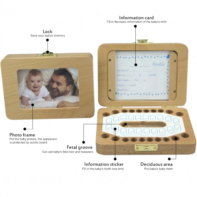 

Baby Child First Tooth Keepsake Wooden Storage Box For Kids Boy Girl Milk Teeth Umbilical Lanugo Organizer Gift Keepsakes Save