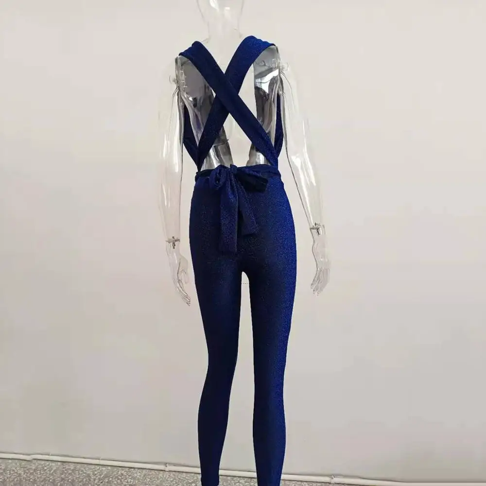 

Shiny Deep V Neck Backless Rompers Lace up Slim Bandage Sleeveless Club Party Skinny Bodycon Overalls Sexy Women Jumpsuit G1219