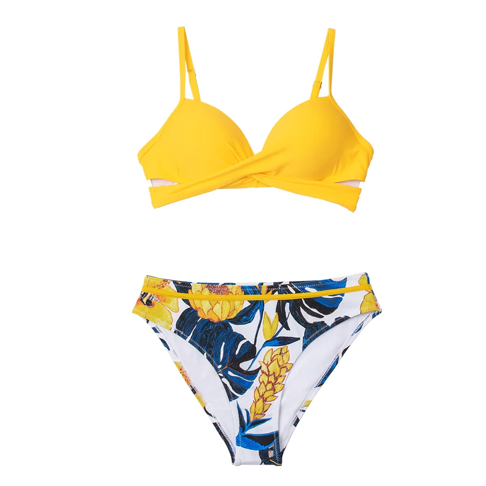 

2022 New Yellow Floral Push Up Mid-Waist Bikini Sets Swimsuit For Women Sexy Wrap Two Pieces Swimwear Beach Bathing Suits