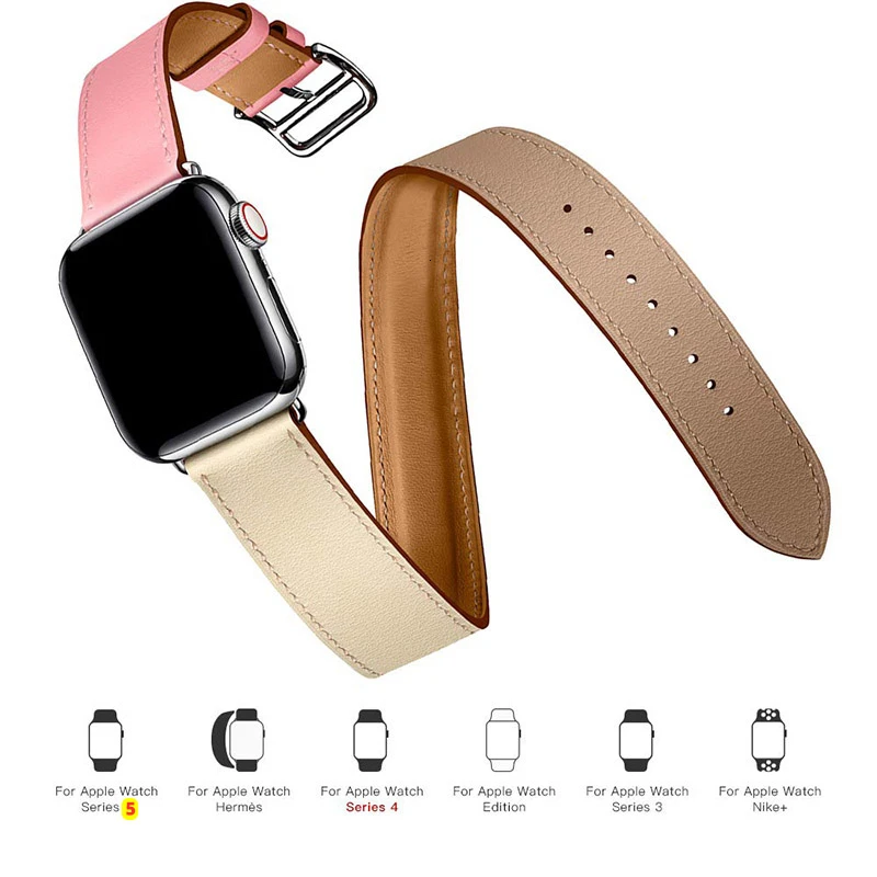 Кожаный двойной ремешок Cow Leather для Apple Watch 5 44 мм iwatch Series 4 3 2 1 42 мм петля 38 мм браслет Replacement 40 мм стальной on.
