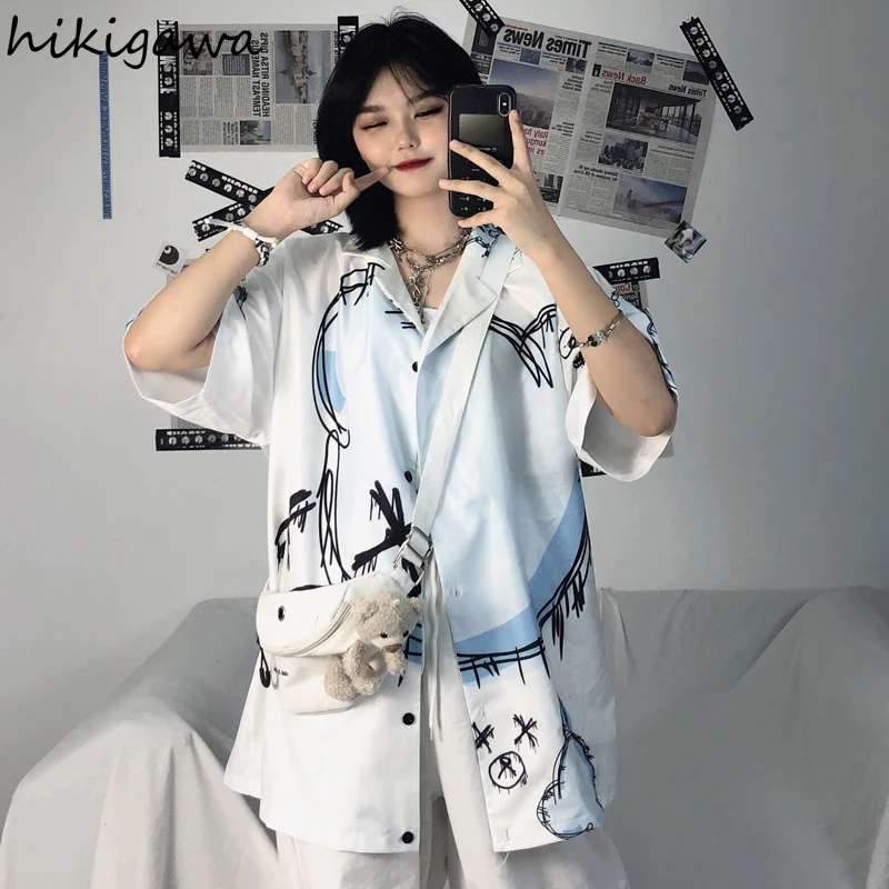 

Hikigawa 2021 Summer Blouses for Women Short Sleeve Blusas Cartoon Print Shirts Vintage Harajuku Camisa Japanese Student Shirt