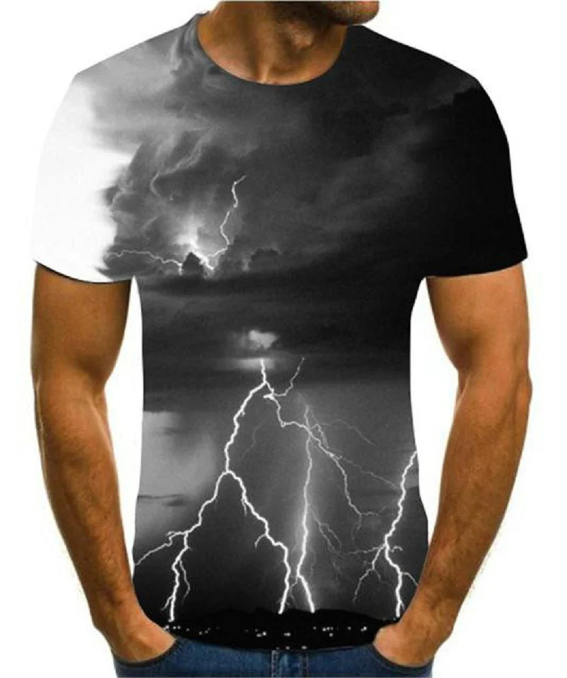 

2021 Summer Men's 3D Printing T-shirt Lightning Scenery Printing T-shirt Men's T-shirt Summer Black T-shirt Round Neck Beach T-s