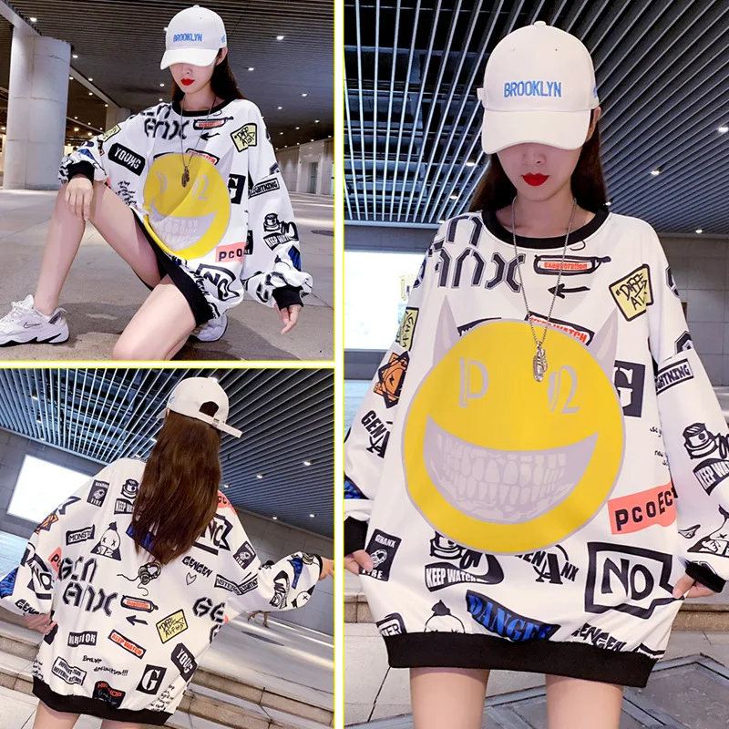 

Fall 2020 Women Clothing Smiley Printing White Plus Size Sweatshirts Streetwear Fashion Women Tops Long Sleeve Oversized Hoodies