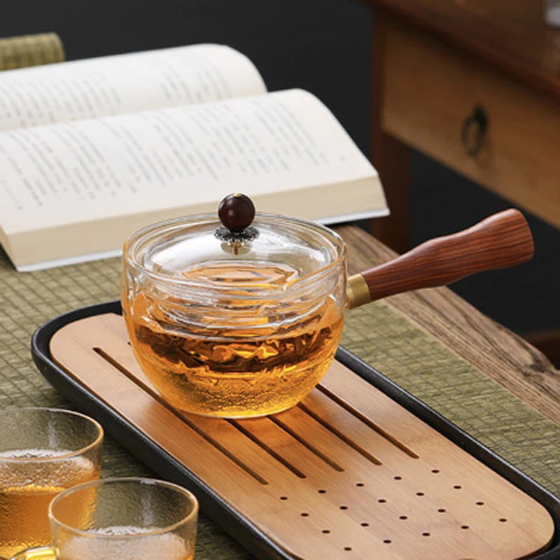 Термостойкий стеклянный чайник с деревянной ручкой боковой ситечко фильтром