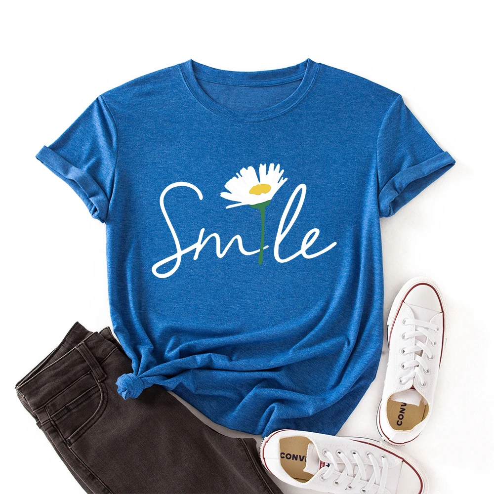 

Woman Summer T-Shirts Short Sleeve Tops Letter Smile Graphic Tee Shirts for Women Female Colorful Casual Shirts Clothing