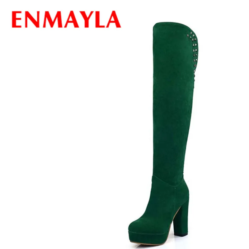 

ENMAYLA Square High Heels Platform Knight Boots Round Toe Rivets Flock Shoes Woman Thigh High Boots Women Winter Slip-on Boots